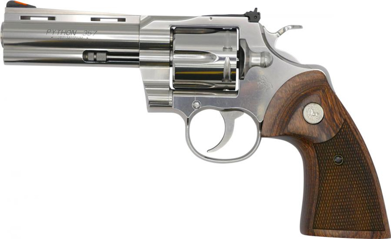 Colt Python 357 Magnum, 4.25" Barrel, Stainless Finish & Frame, Walnut Grips Red Ramp Front/Adjustable Rear 6rd